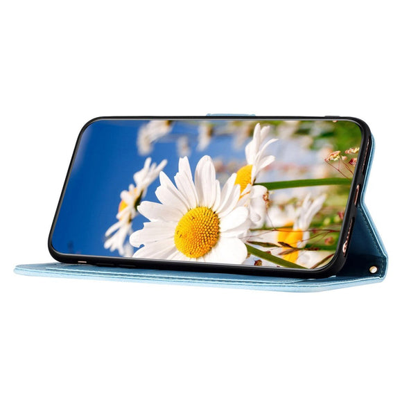 iPhone 15 Pro Max Læder Cover m. Pung & Strop - Lyseblå m. Blomster