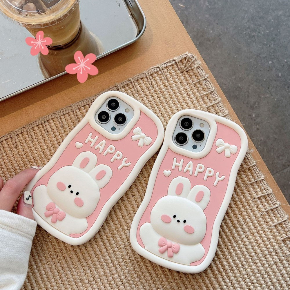 EIDERWOOD iPhone 14 Pro Max Silikone Cover m. 3D Kanin - Lyserød / Hvid