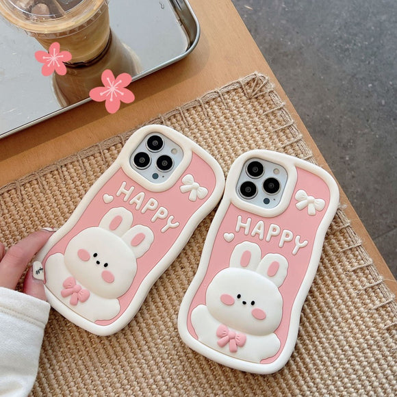 EIDERWOOD iPhone 14 Pro Max Silikone Cover m. 3D Kanin - Lyserød / Hvid