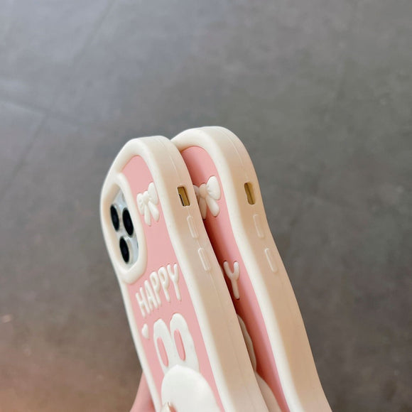 EIDERWOOD iPhone 14 Pro Max Silikone Cover m. 3D Kanin - Lyserød / Hvid