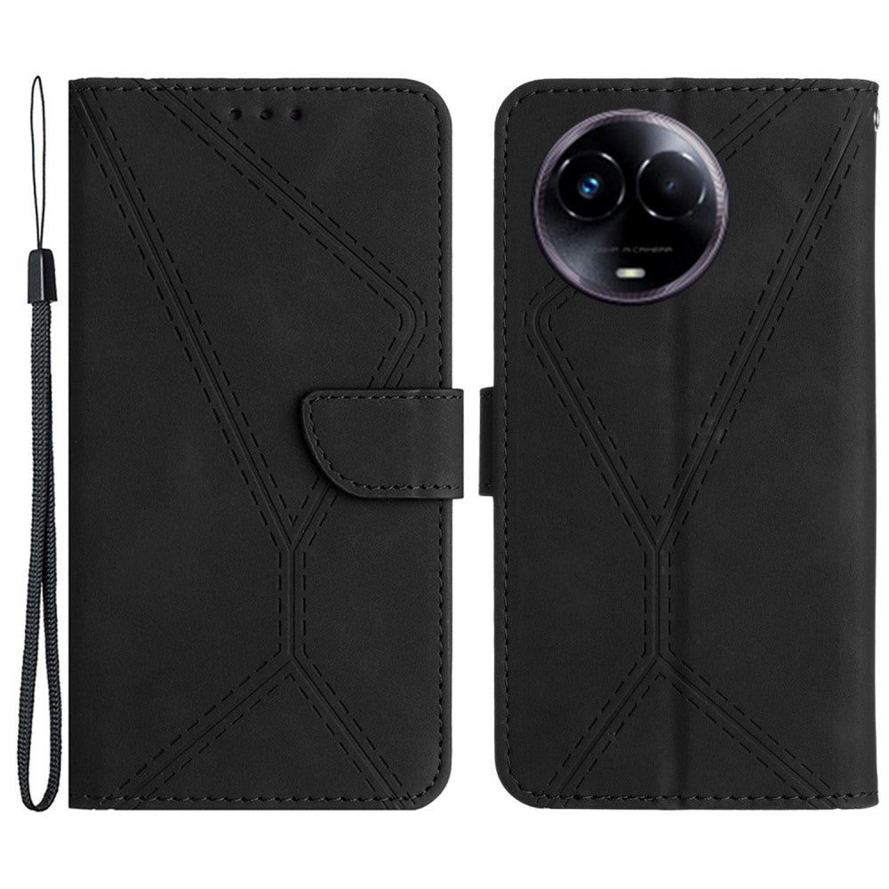 Realme 11 5G Mønstret Læder Cover m. Pung & Strop - Sort