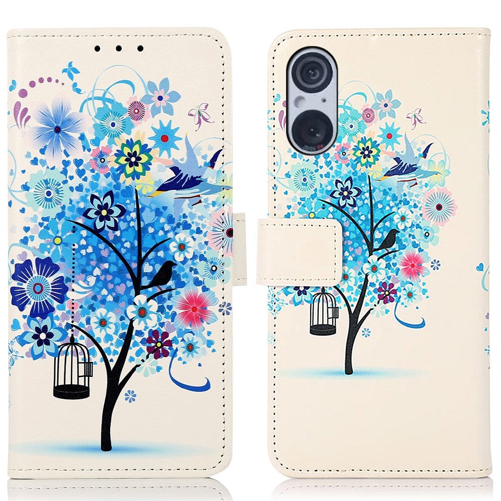 Sony Xperia 5 V Læder Cover m. Pung - Blåt Træ