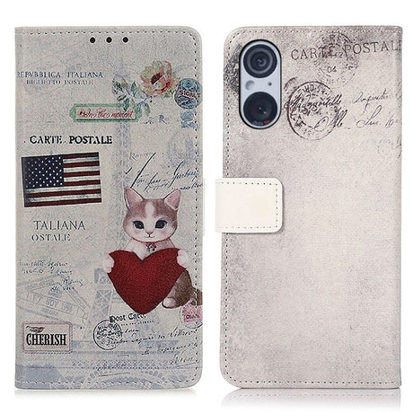 Sony Xperia 5 V Læder Cover m. Pung - Kat m. Hjerte