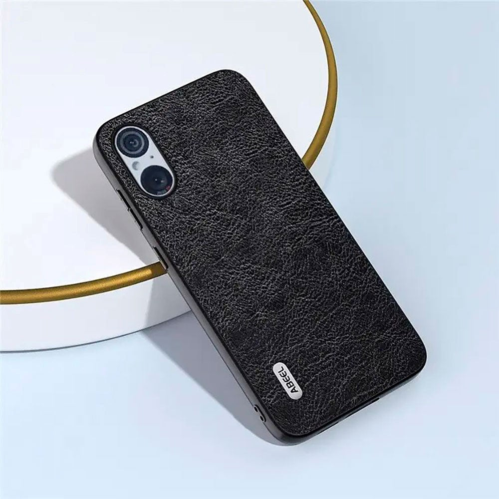 Sony Xperia 5 V Litchi Læderbelagt Plastik Cover - Sort