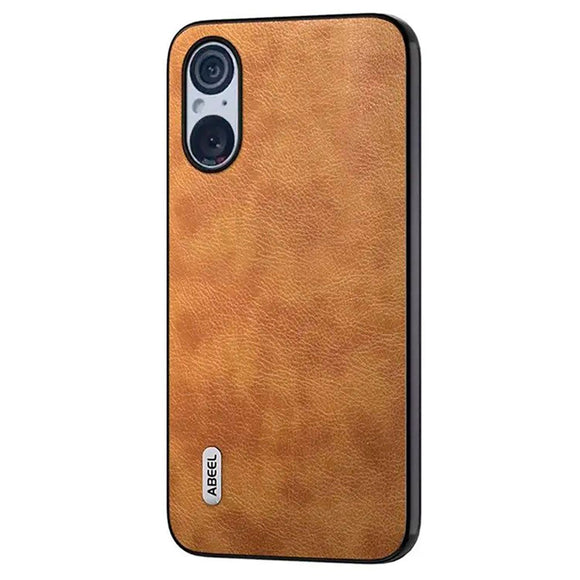 Sony Xperia 5 V Litchi Læderbelagt Plastik Cover - Brun