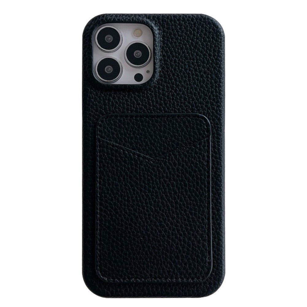iPhone 15 Litchi Læderbetrukket Plastik Cover m. Kortholder - Sort