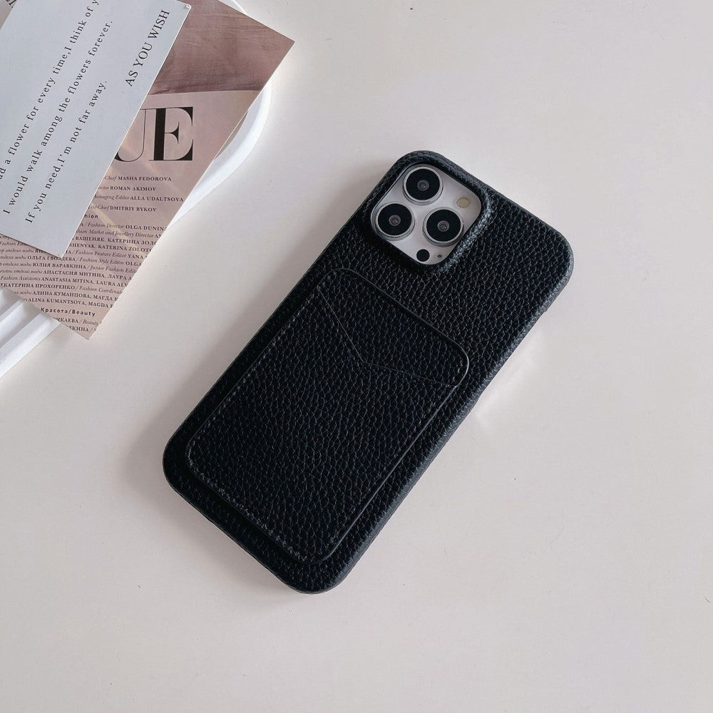 iPhone 15 Litchi Læderbetrukket Plastik Cover m. Kortholder - Sort