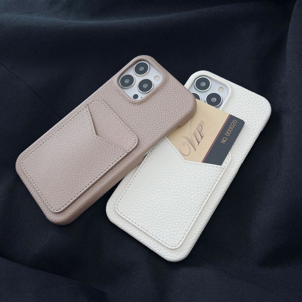 iPhone 15 Litchi Læderbetrukket Plastik Cover m. Kortholder - Sort