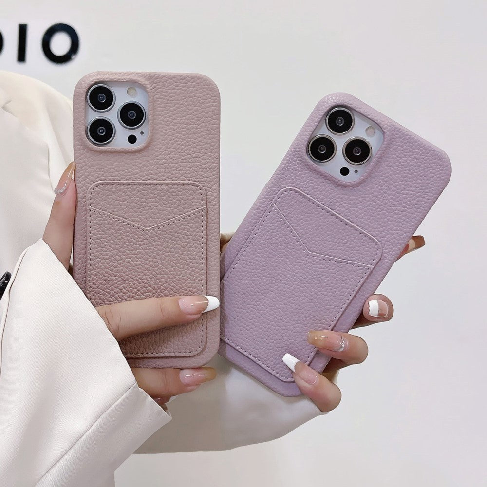 iPhone 15 Litchi Læderbetrukket Plastik Cover m. Kortholder - Sort