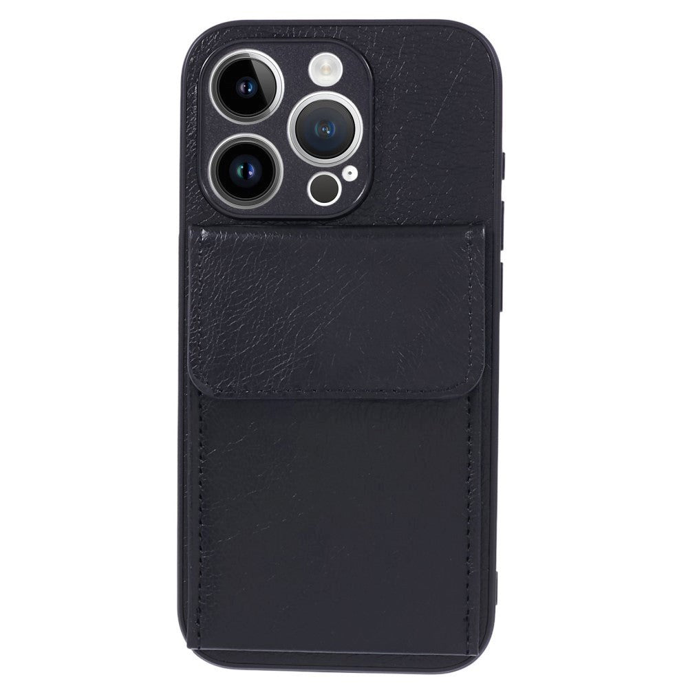 iPhone 15 Pro Max Læderbetrukket Fleksibelt Plastik Cover m. Kortholder - Sort