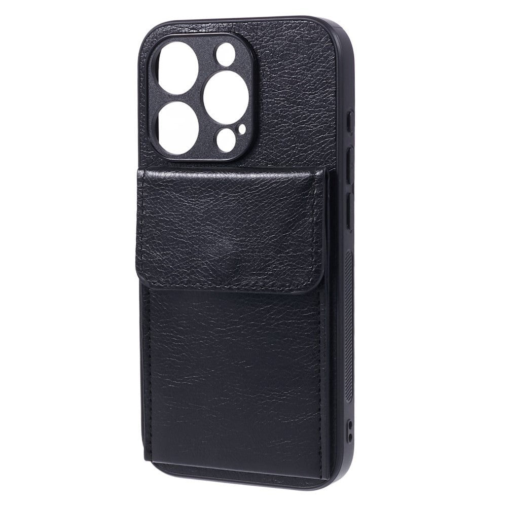 iPhone 15 Pro Max Læderbetrukket Fleksibelt Plastik Cover m. Kortholder - Sort