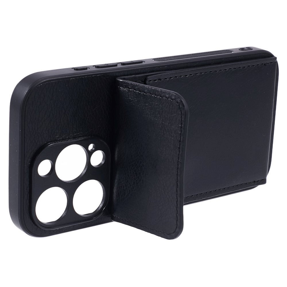 iPhone 15 Pro Max Læderbetrukket Fleksibelt Plastik Cover m. Kortholder - Sort
