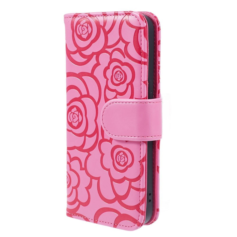iPhone 15 Pro Læder Cover m. Pung og Strop - Kamelia Blomst - Lyserød