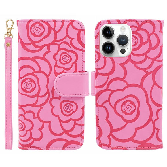 iPhone 15 Pro Læder Cover m. Pung og Strop - Kamelia Blomst - Lyserød