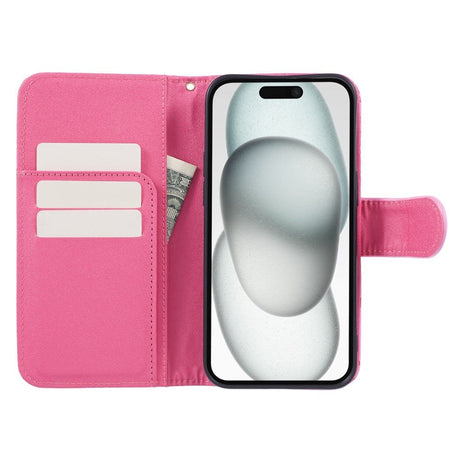 iPhone 15 Pro Læder Cover m. Pung og Strop - Kamelia Blomst - Lyserød