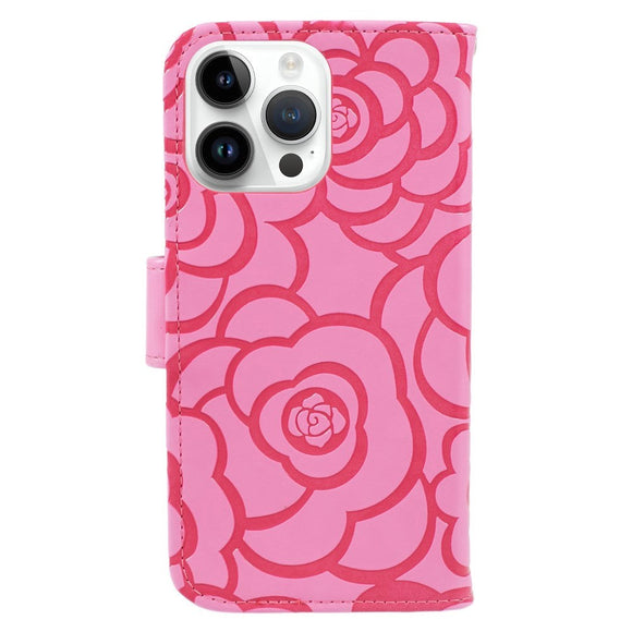 iPhone 15 Pro Læder Cover m. Pung og Strop - Kamelia Blomst - Lyserød