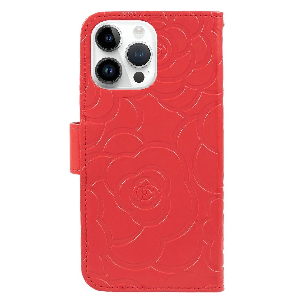iPhone 15 Pro Læder Cover m. Pung og Strop - Kamelia Blomst - Rød