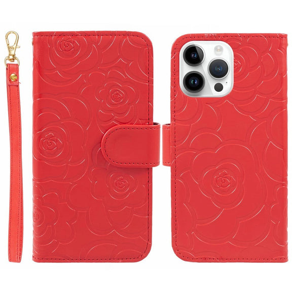 iPhone 15 Pro Læder Cover m. Pung og Strop - Kamelia Blomst - Rød