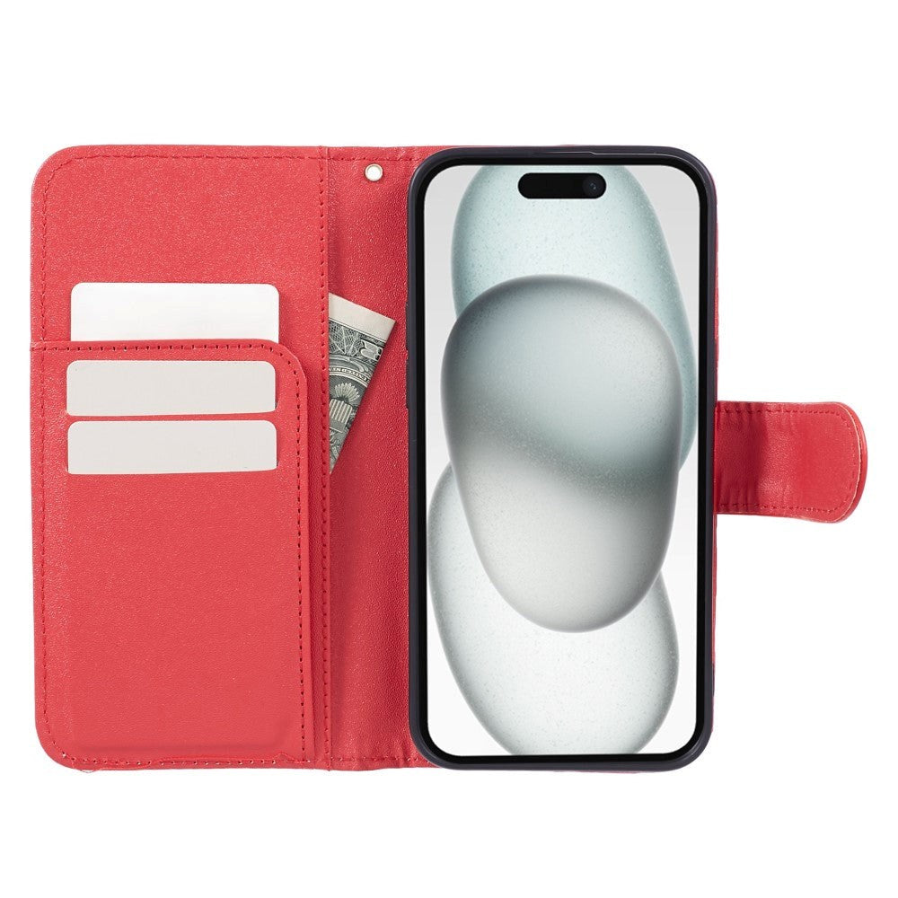 iPhone 15 Pro Læder Cover m. Pung og Strop - Kamelia Blomst - Rød