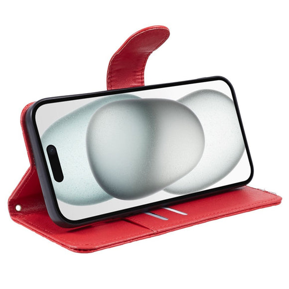 iPhone 15 Pro Læder Cover m. Pung og Strop - Kamelia Blomst - Rød