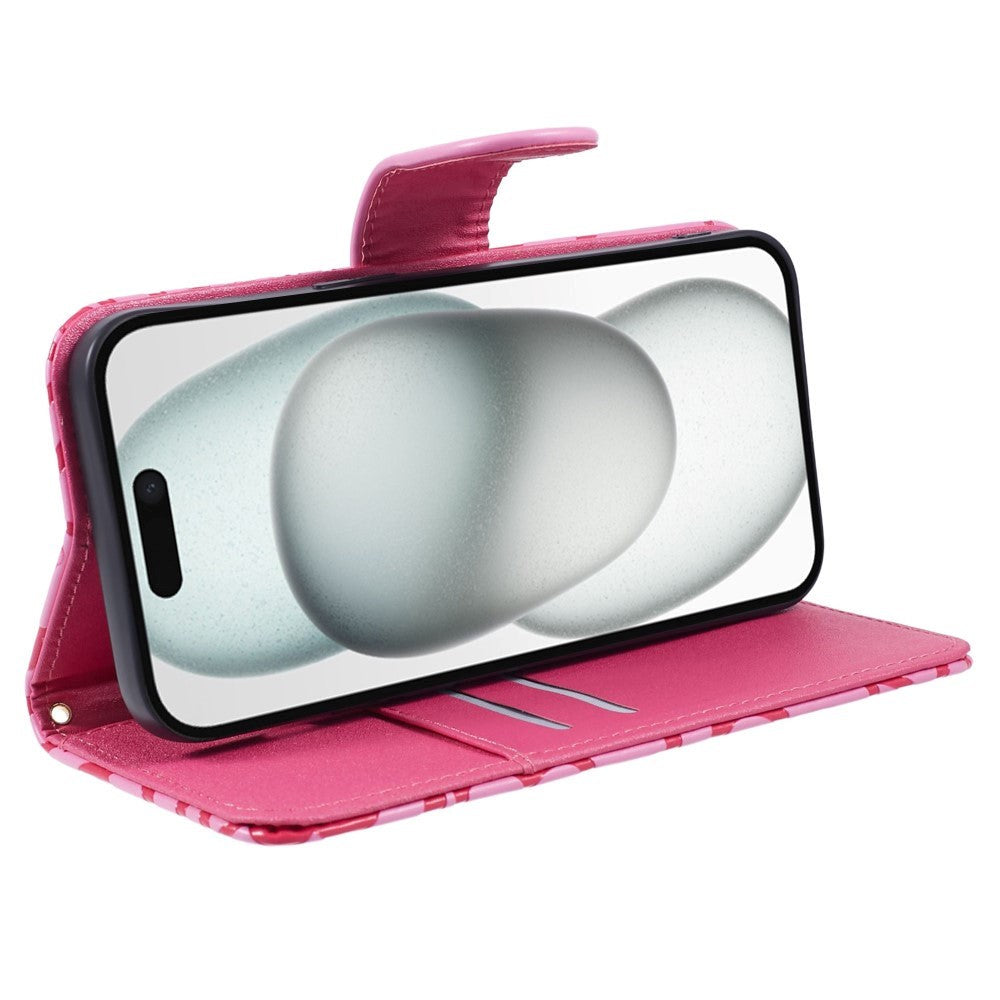 iPhone 15 Pro Max Læder Cover m. Pung og Strop - Kamelia Blomst - Lyserød
