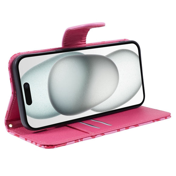 iPhone 15 Pro Max Læder Cover m. Pung og Strop - Kamelia Blomst - Lyserød