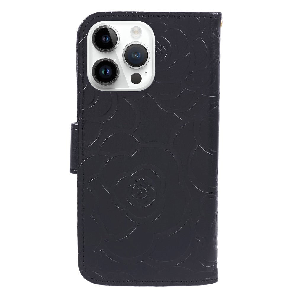 iPhone 15 Pro Max Læder Cover m. Pung og Strop - Kamelia Blomst - Sort