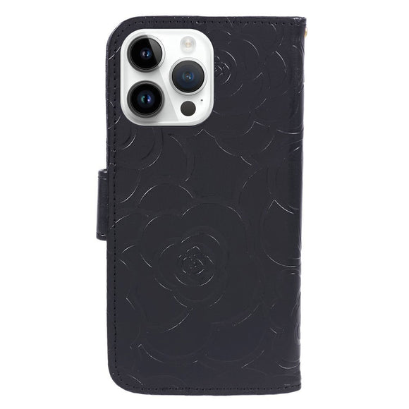 iPhone 15 Pro Max Læder Cover m. Pung og Strop - Kamelia Blomst - Sort
