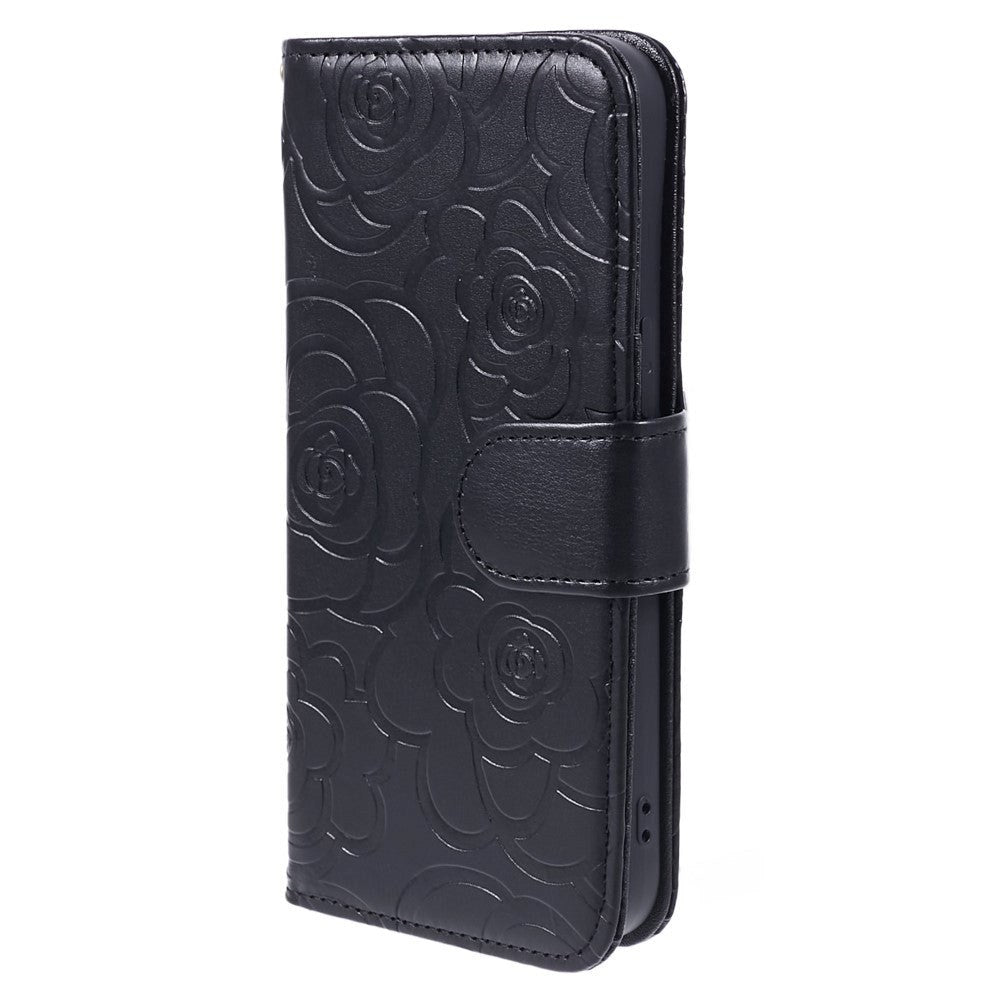 iPhone 15 Pro Max Læder Cover m. Pung og Strop - Kamelia Blomst - Sort