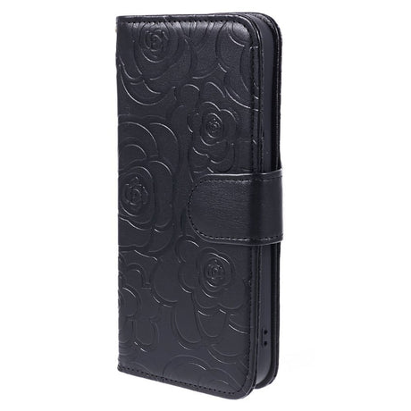 iPhone 15 Pro Max Læder Cover m. Pung og Strop - Kamelia Blomst - Sort