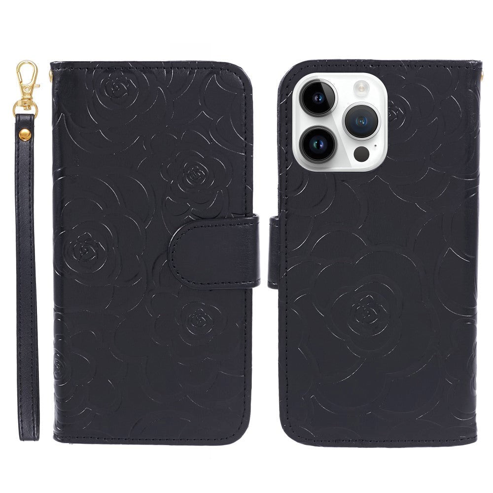 iPhone 15 Pro Max Læder Cover m. Pung og Strop - Kamelia Blomst - Sort