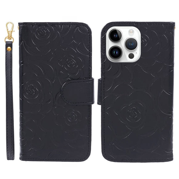 iPhone 15 Pro Max Læder Cover m. Pung og Strop - Kamelia Blomst - Sort