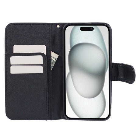 iPhone 15 Pro Max Læder Cover m. Pung og Strop - Kamelia Blomst - Sort
