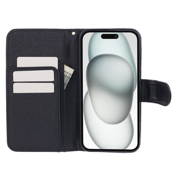 iPhone 15 Pro Max Læder Cover m. Pung og Strop - Kamelia Blomst - Sort