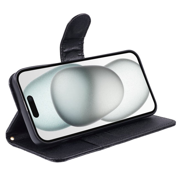iPhone 15 Pro Max Læder Cover m. Pung og Strop - Kamelia Blomst - Sort