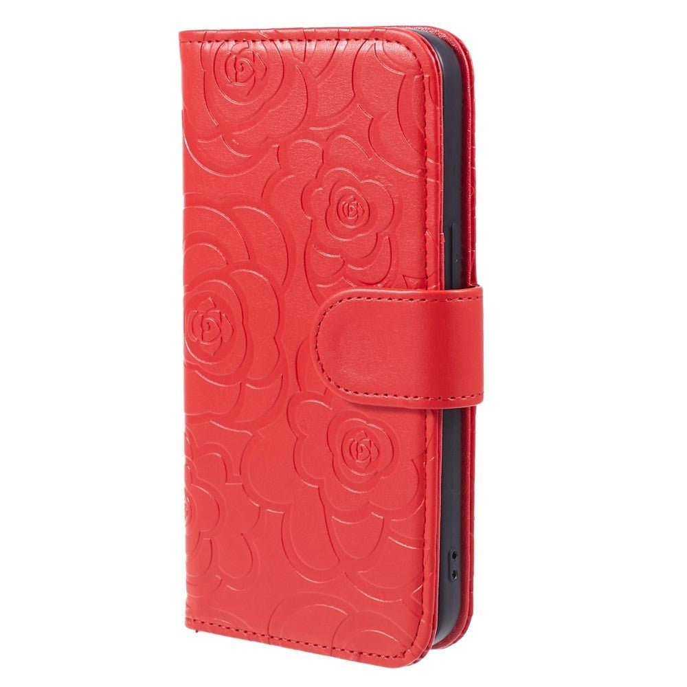 iPhone 15 Pro Max Læder Cover m. Pung og Strop - Kamelia Blomst - Rød