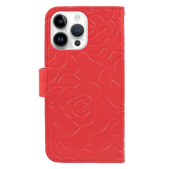 iPhone 15 Pro Max Læder Cover m. Pung og Strop - Kamelia Blomst - Rød