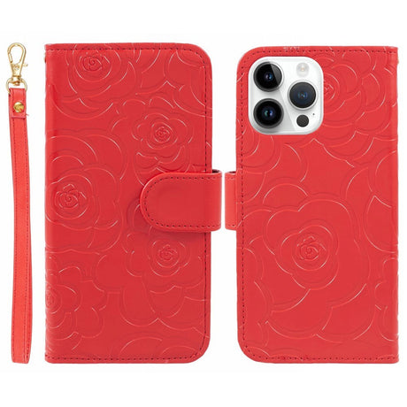 iPhone 15 Pro Max Læder Cover m. Pung og Strop - Kamelia Blomst - Rød