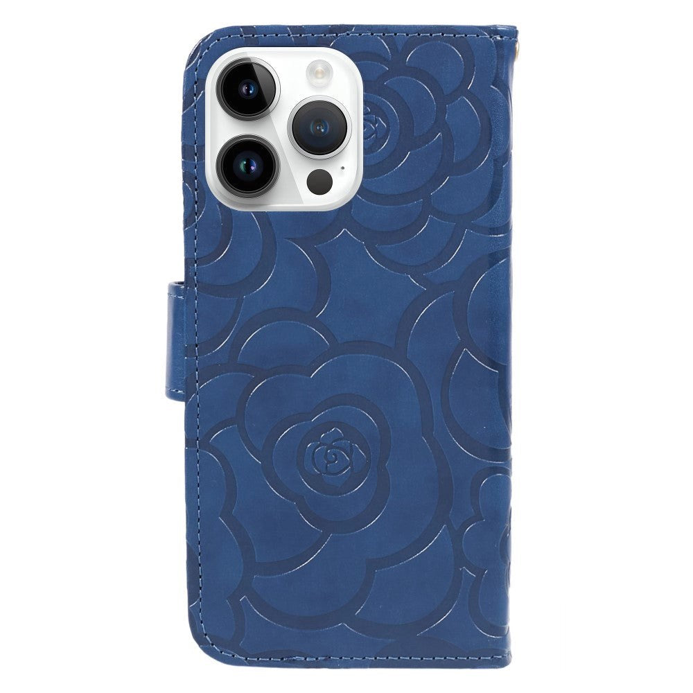 iPhone 15 Pro Max Læder Cover m. Pung og Strop - Kamelia Blomst - Blå