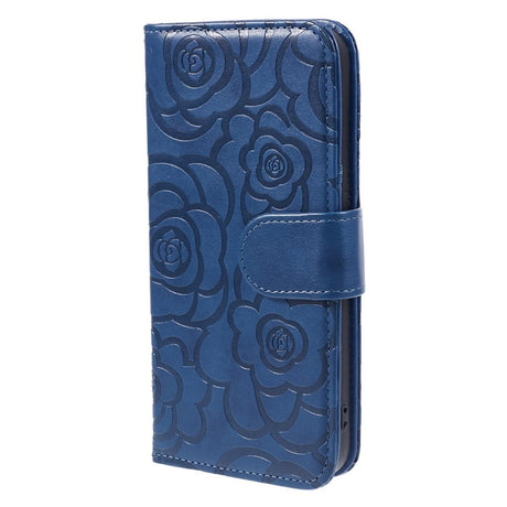 iPhone 15 Pro Max Læder Cover m. Pung og Strop - Kamelia Blomst - Blå