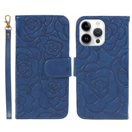 iPhone 15 Pro Max Læder Cover m. Pung og Strop - Kamelia Blomst - Blå