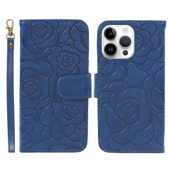 iPhone 15 Pro Max Læder Cover m. Pung og Strop - Kamelia Blomst - Blå