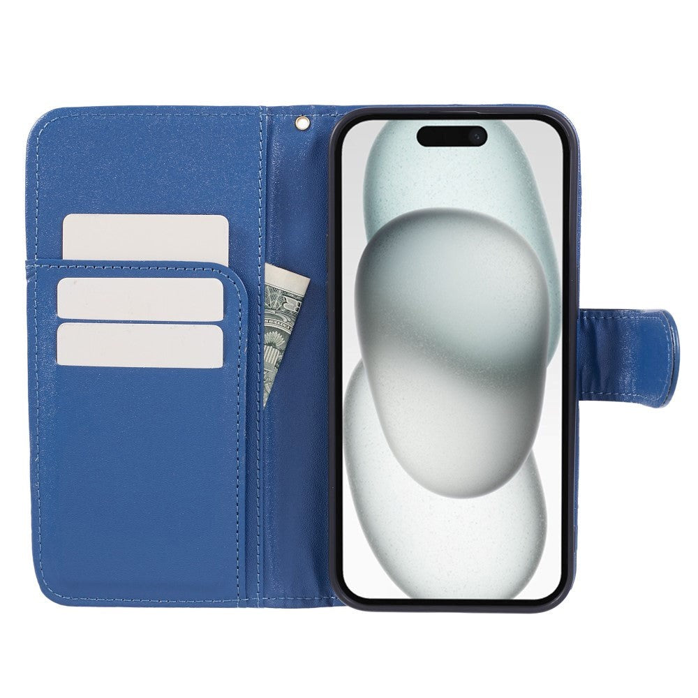 iPhone 15 Pro Max Læder Cover m. Pung og Strop - Kamelia Blomst - Blå