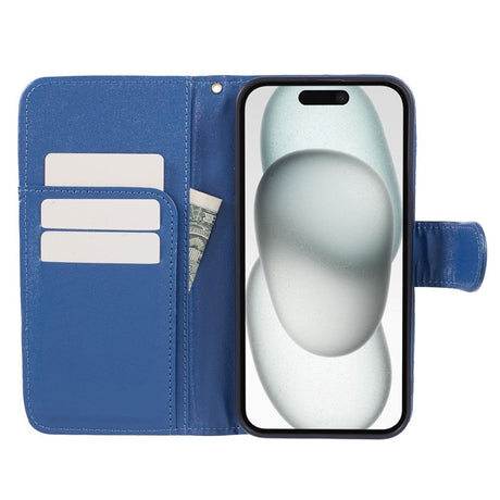 iPhone 15 Pro Max Læder Cover m. Pung og Strop - Kamelia Blomst - Blå