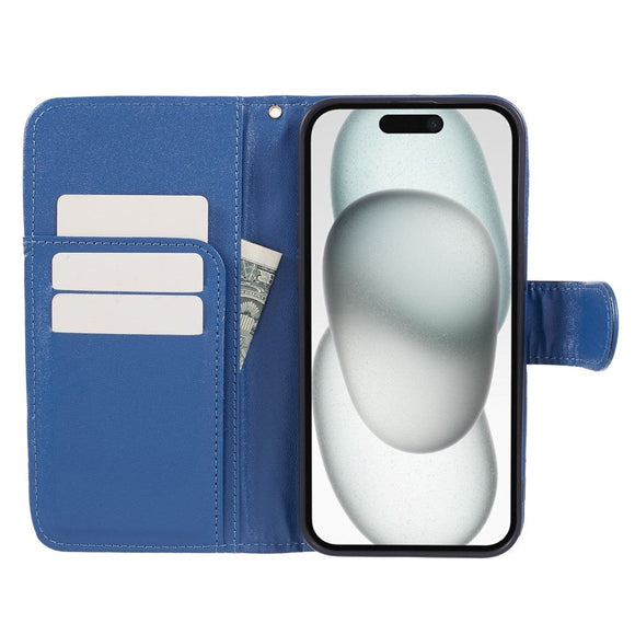 iPhone 15 Pro Max Læder Cover m. Pung og Strop - Kamelia Blomst - Blå