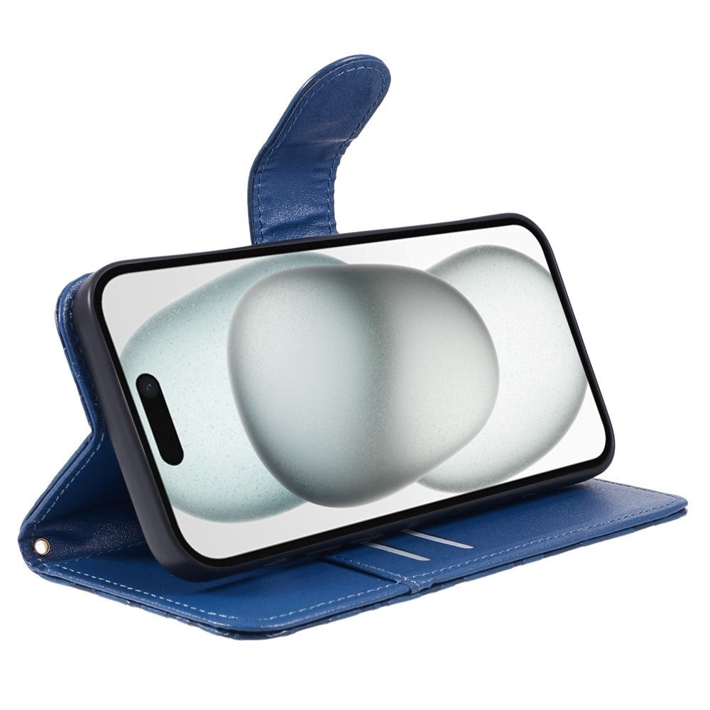 iPhone 15 Pro Max Læder Cover m. Pung og Strop - Kamelia Blomst - Blå