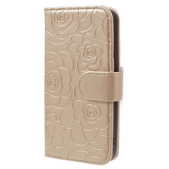 iPhone 15 Pro Max Læder Cover m. Pung og Strop - Kamelia Blomst - Guld