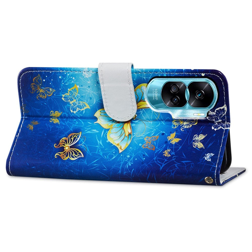 Honor 90 Lite Kunstlæder Cover m. Pung og Strop - Guld Sommerfugle