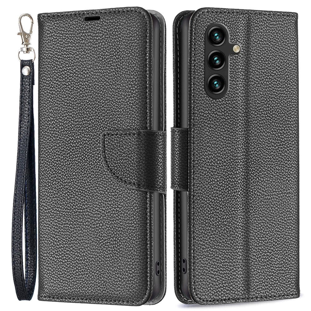 Samsung Galaxy A15 (5G) / A15 PU Litchi Læder Cover m. Pung & Strop - Sort