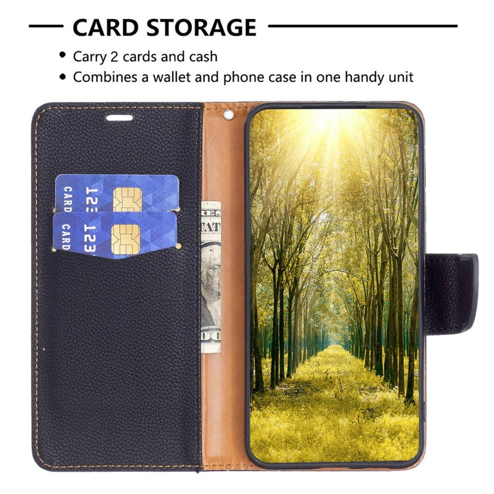 Samsung Galaxy A15 (5G) / A15 PU Litchi Læder Cover m. Pung & Strop - Sort